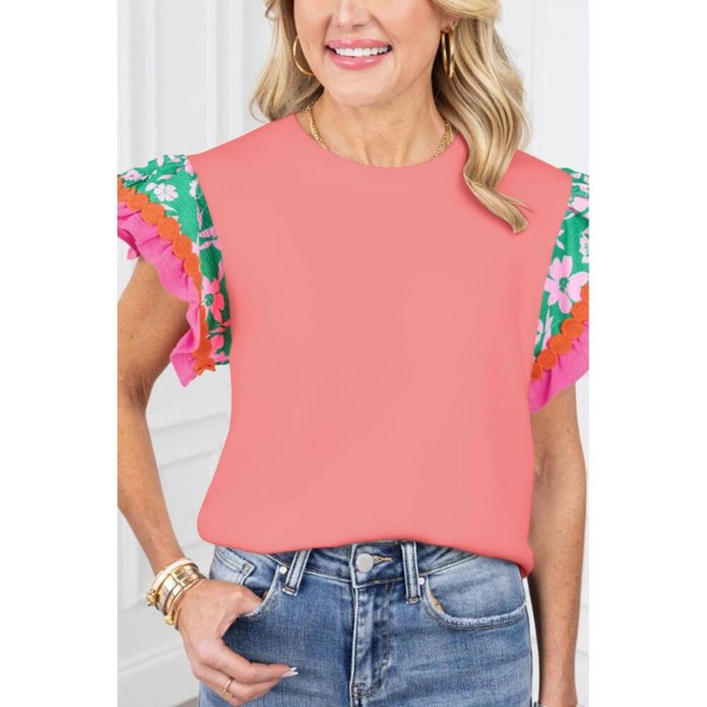 Everyday the Label Ruffled Round Neck Cap Sleeve Top Women Burnt Coral T-Shirts - Picture 2 of 5